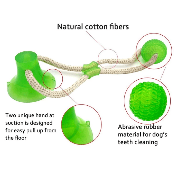 Dog tug toy top that sticks to floor